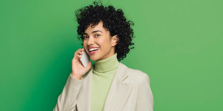 A promotional image of a modestly dressed 35-year-old American adult female, standing and holding her phone, speaking into it to send a voice message, casual posture, realistic lighting