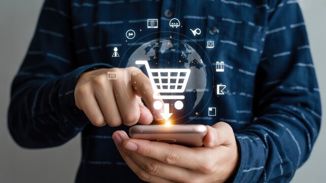 Person interacting with digital shopping cart and global e commerce icons on phone
