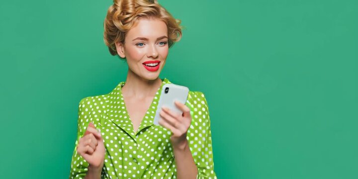 A promotional image of a modestly dressed 35-year-old American adult female, standing and holding her phone, speaking into it to send a voice message, casual posture, realistic lighting