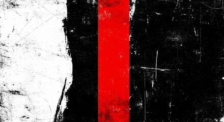 Powerful grunge abstract background featuring a distressed vertical red stripe on a scratched black and white texture. Edgy, raw design for graphic projects, overlays, or industrial themes
