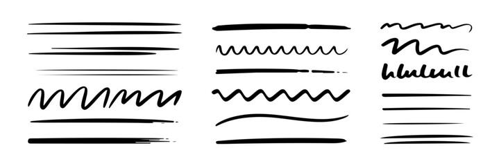 A collection of hand-drawn lines and scribbles in various styles, perfect for design elements and emphasis.
