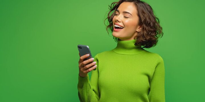 A promotional image of a modestly dressed 35-year-old American adult female, standing and holding her phone, speaking into it to send a voice message, casual posture, realistic lighting