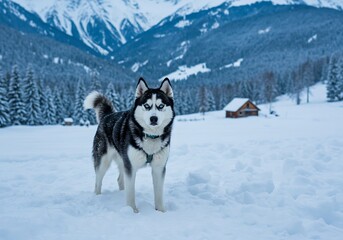 Naklejka premium Husky Dog Posing in Snowy Mountain Scenery. Generative Ai