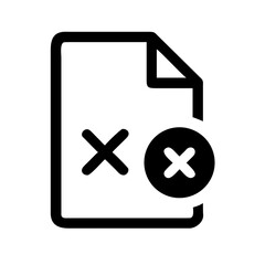 Obraz premium Black and white image of a document icon with a folded corner and two cross symbols indicating error