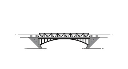 Architectural illustration of a truss and arch bridge on a white background. Side elevation view of an industrial engineering structure.