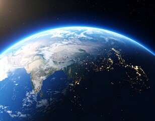 Fototapeta premium Earth from Space: A stunning, detailed view of planet Earth, showcasing its vibrant atmosphere and continents, with a perfect blend of daylight and the soft glow of city lights at night.