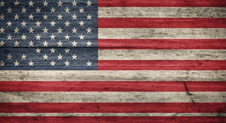 Rustic American flag painted on weathered wooden planks, conveying vintage patriotism and national pride. Ideal for backgrounds, patriotic events, and historical concepts