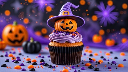 Halloween cupcake with jack-o-lantern in witch hat 
