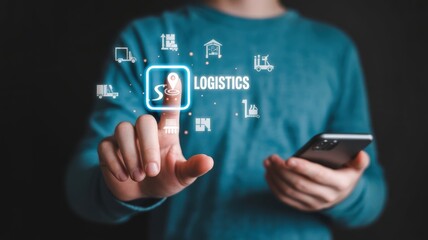 Person interacting with digital logistics network on futuristic interface