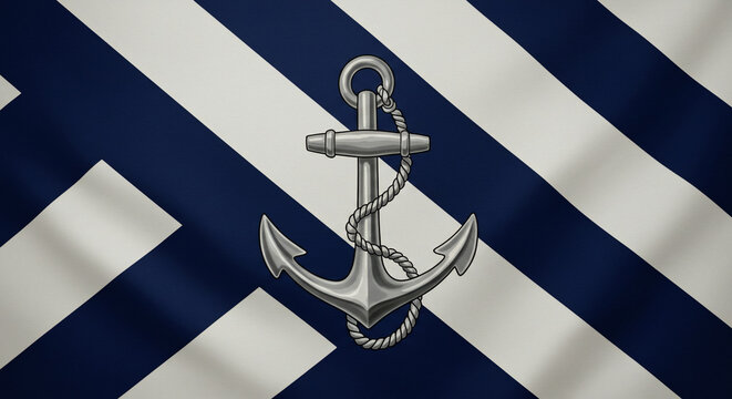 Silver anchor with rope on a wavy blue and white striped background, resembling a nautical flag. Ideal for maritime, travel, or security-related designs, symbolizing stability and adventure - Powered by Adobe