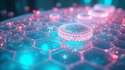Futuristic microscopic view of glowing pink particles on a vibrant blue hexagonal nanostructure.