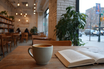 cozy new york caf setting featuring steaming cup of coffee and open book on rustic wooden table