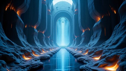 A grand, futuristic hall with towering arches and a reflective path leading to a brilliant blue energy portal.
