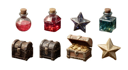 3d icon set of game assets, mystery elements. Mobile game icons, star and shiny potion, diamonds, ruby, treasure chest filled with coins