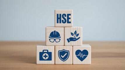 Health safety environment hse concept with safety icons on wooden blocks