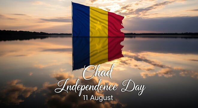 Chad Independence Day Flag Reflection on Calm Water at Sunset