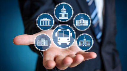 Businessman presenting transportation and government building icons for urban planning and city services