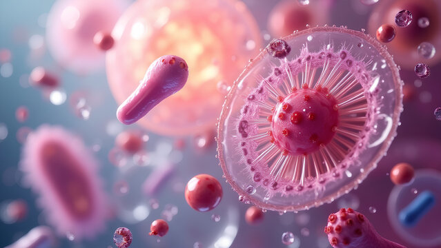 A highly detailed microscopic view showing various types of protists, including unicellular and multicellular organisms such as algae and protozoa. 