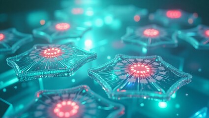 A cluster of futuristic, star-shaped technological components with glowing red cores on a teal background.