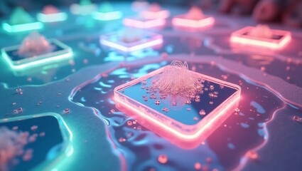 A close-up of glowing square platforms holding crystalline samples, submerged in a liquid with neon pink and blue lights.