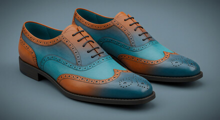 Fototapeta premium Stylish two-tone blue and brown leather brogue shoes with classic perforations, ideal for modern men's fashion, elegance, and quality footwear concepts