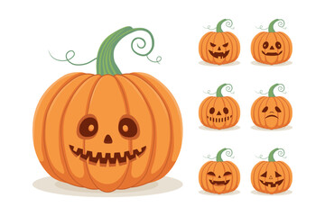 Set of six Halloween pumpkins with different facial expressions, including happy, scary, and sad. Isolated on a white background. Perfect for autumn and Halloween designs.