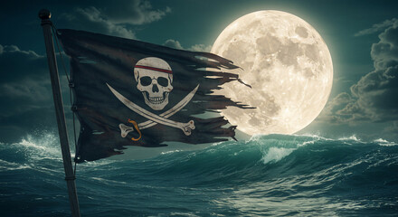 Naklejka premium Tattered pirate flag (Jolly Roger) flying defiantly over a stormy, moonlit ocean. Evokes adventure, mystery, and danger. Ideal for fantasy, Halloween, or nautical themes