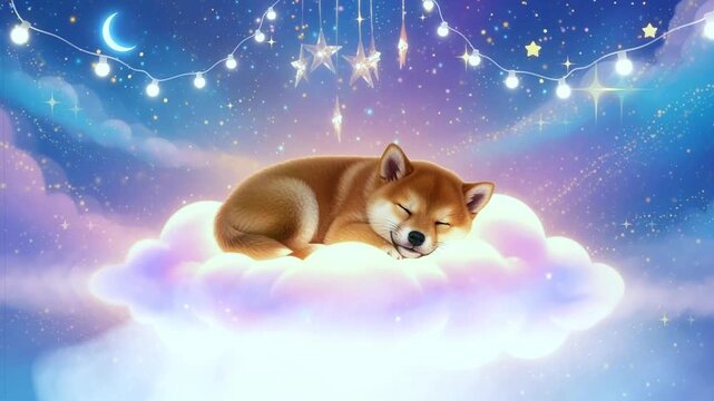 Peaceful Shiba Inu Puppy Sleeping on a Cloud Under a Starry Night Sky