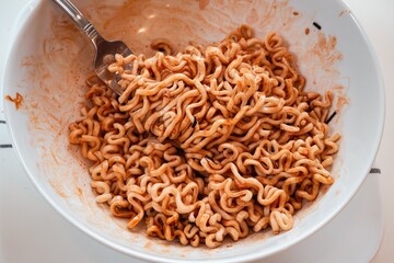 A close-up of a white bowl containing instant noodles, accompanied by a silver fork.