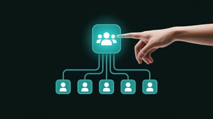 Human finger interacting with digital network of people icons