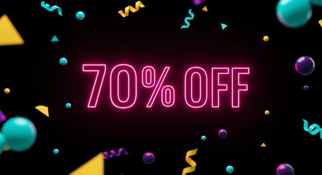 Vibrant 70% OFF neon sign against a dark background, surrounded by colorful abstract 3D confetti and geometric shapes. Perfect for sales, discounts, and promotional banners - Powered by Adobe