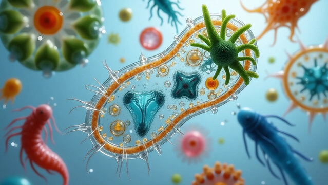 A highly detailed microscopic view showing various types of protists, including unicellular and multicellular organisms such as algae and protozoa. 
