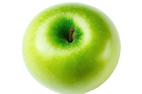 Closeup view of a fresh green granny smith apple isolated food diet tart on transparent background