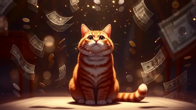 Orange Tabby Cat Amidst Falling Money and Coins