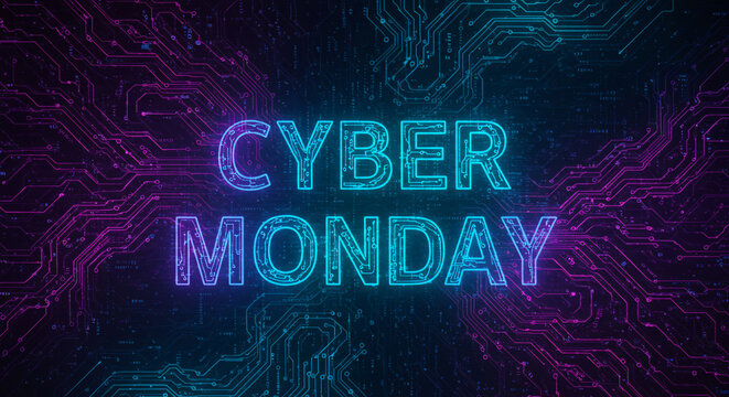 Vibrant neon 'Cyber Monday' text glows on a futuristic circuit board background, perfect for online sales, e-commerce promotions, digital marketing, and technology-themed advertising