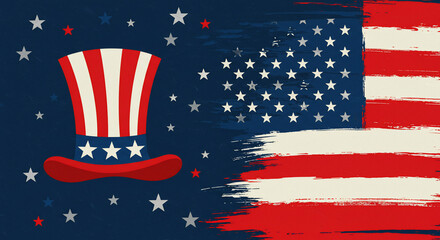 Vibrant patriotic illustration featuring a stylized Uncle Sam hat and a grunge American flag backdrop with scattered stars. Ideal for Fourth of July, national holidays, US elections, and promotional