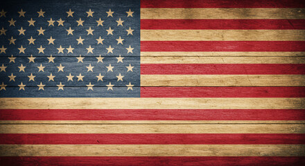 Fototapeta premium Vintage American flag made of weathered wooden planks, showcasing a rustic, patriotic grunge texture perfect as a background for national holidays, events, and historical themes