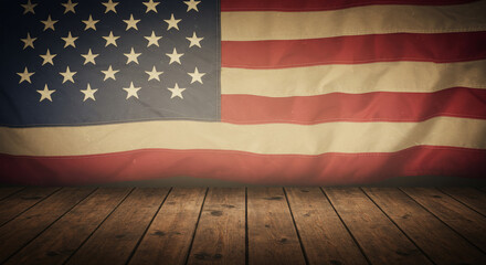 Vintage American flag with distressed texture draped behind a rustic wooden floor, perfect patriotic background for historical themes, holiday promotions, or a solemn display of national pride