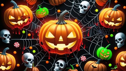 Spooky Halloween pumpkins, skulls, and spiders create a festive party atmosphere
