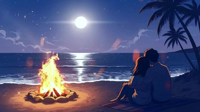 Romantic Couple by Bonfire on Night Beach