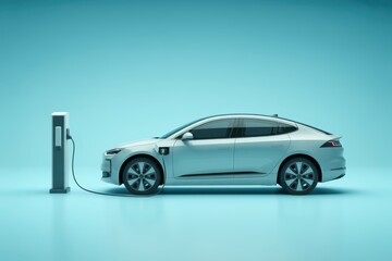 Modern electric car connected to power station charger isolated on background, with empty blank space for text copy space or mockup design, high detail, 8k