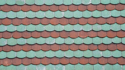 Close-up of red and blue clay house facade tiles texture background.
