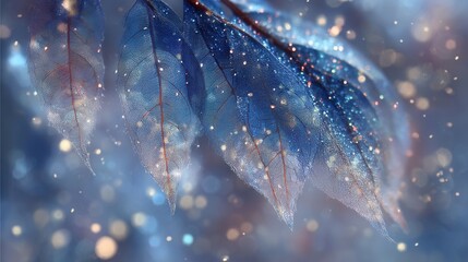 Close-up of blue leaves with sparkling frost and soft bokeh background. The scene conveys a serene winter atmosphere.
