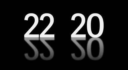White numbers '22 20' with elegant reflection on a glossy black background, suggesting time, data, or future events in a modern, abstract digital display concept