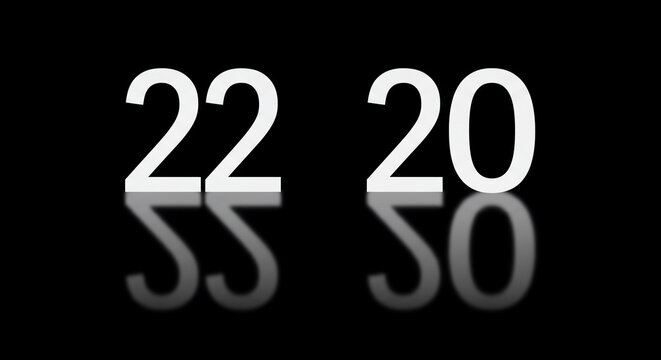 White numbers '22 20' with elegant reflection on a glossy black background, suggesting time, data, or future events in a modern, abstract digital display concept - Powered by Adobe