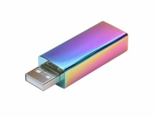 Eye-catching multicolored USB drive featuring vibrant spectrum hues and modern design aesthetics, isolated precisely on transparent background.