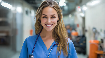 Portrait of a young female healthcare professional with light skin and long wavy light brown hair, wearing blue medical scrubs with a V-neck top and a stethoscope around her neck