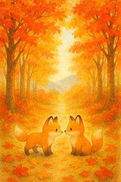 紅葉トンネルで出会うふたりの子ぎつね