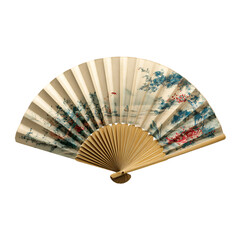 An ornate hand fan with a painted landscape and floral design features a bamboo frame and delicate paper