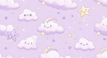 Cute pastel clouds and stars seamless pattern vector background for baby nursery decor and design project -